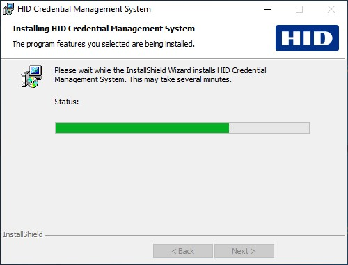 Installing HID Credential Management System dialog box displaying a progress bar